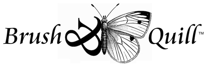 Logo for Brush & Quill with a butterfly. 