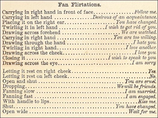 Fan flirtation list. Describes manner of holding fan and the flirtatious meaning associated with the fan pose.