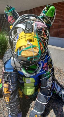 close up of multicolored bear sculpture made of recycled materials 