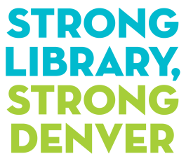 Strong Library, Strong Denver logo. Text is half light blue, half light green in color. 