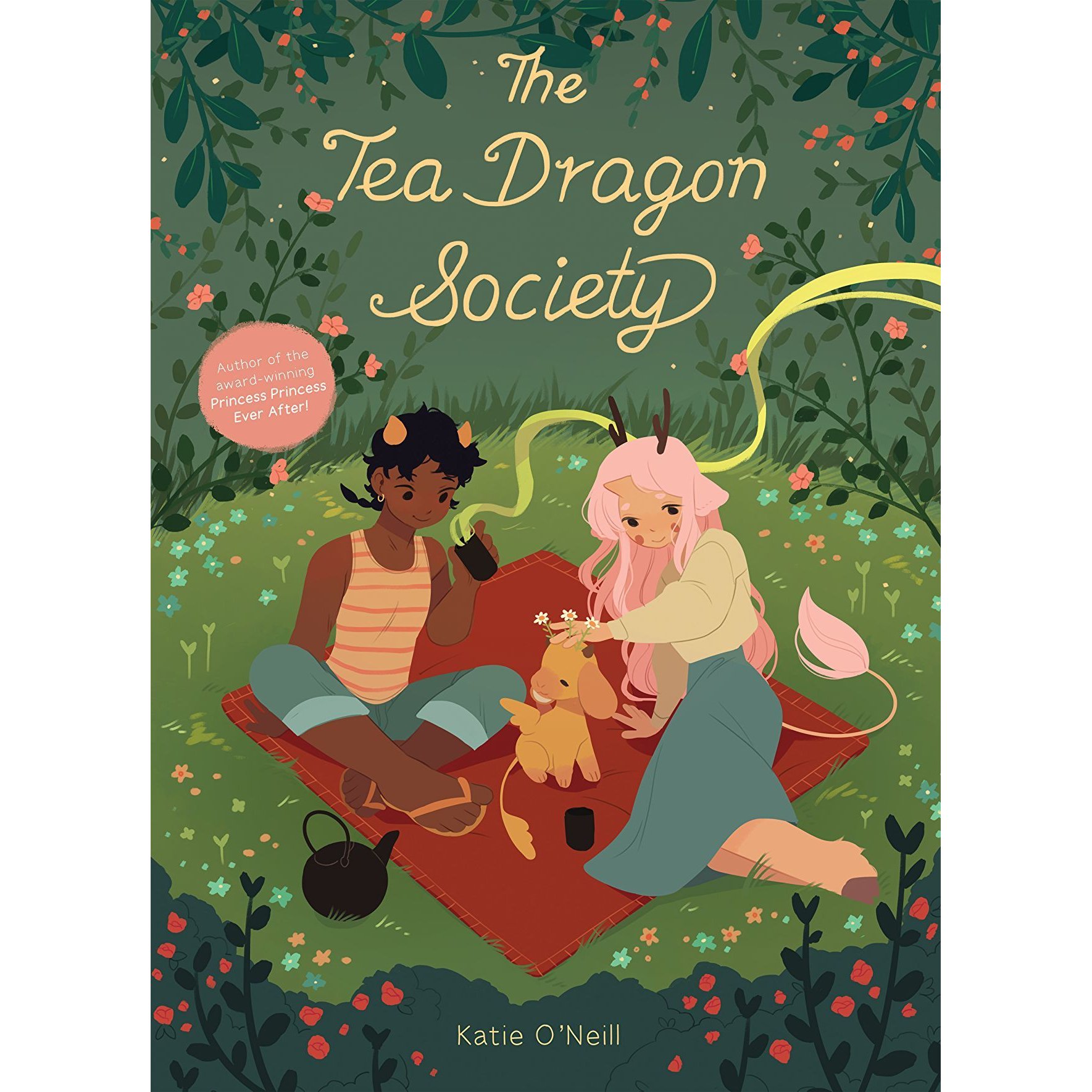 Cover of the book "The Tea Dragon Society" showing two girls in a magical universe having a picnic with a tea dragon.
