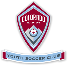 CO Rapids emblem of shield with soccer ball in front of mountain and the text "YOUTH SOCCER CLUB" beneath