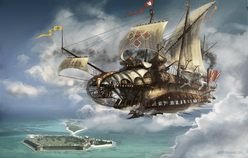 large airship in the clouds over a walled island