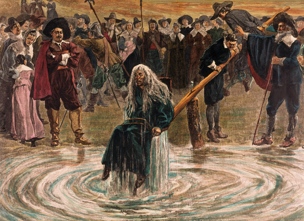Painting of a woman being ducked in the water.