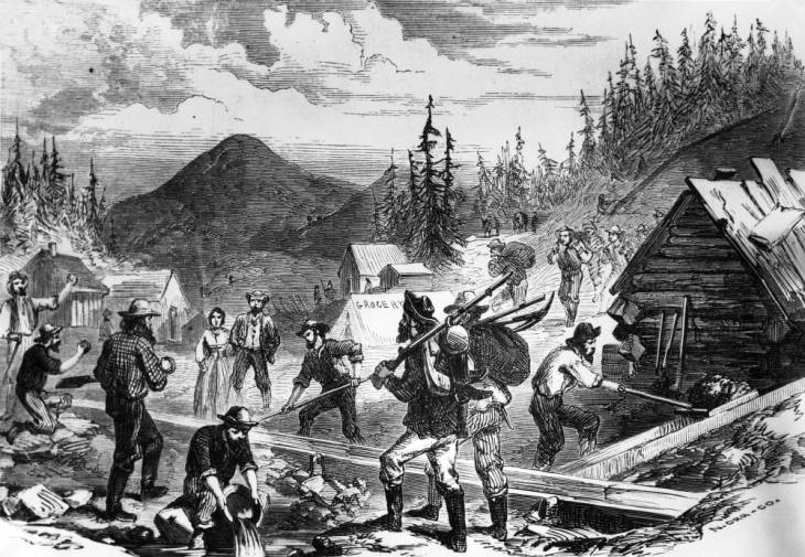Prospectors digging for gold in Gregory's Gulch in Central City, Colorado.