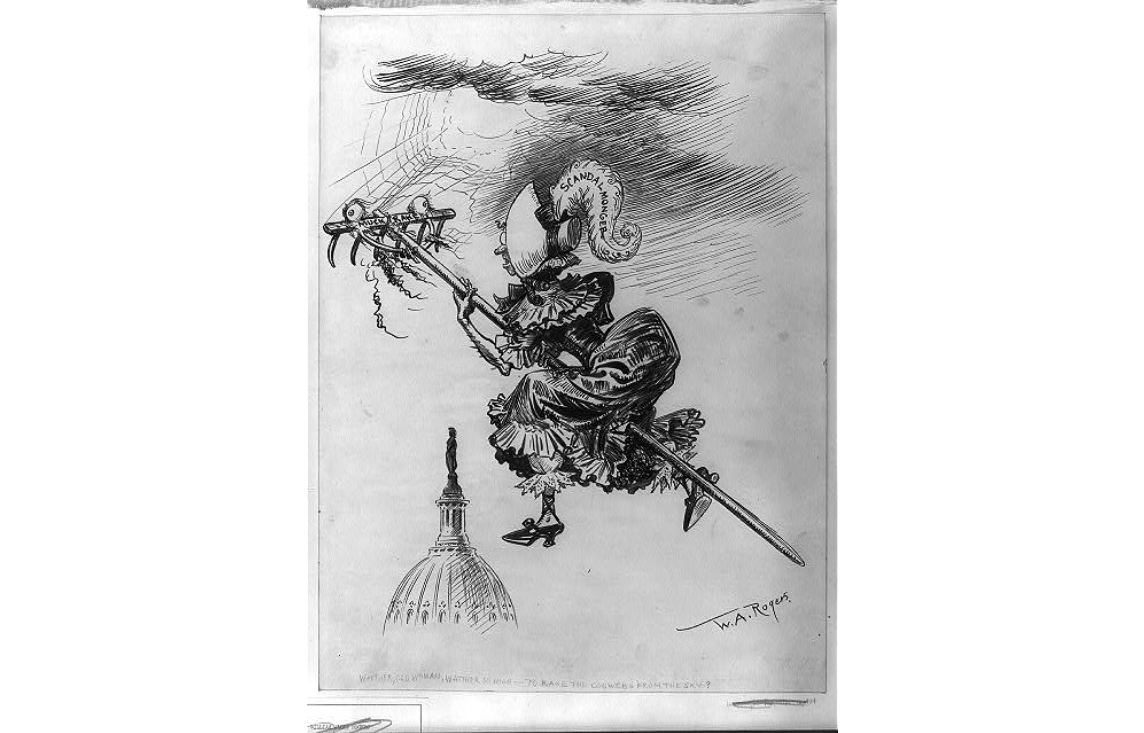 Witch, "Scandal monger," dressed as Dame Democracy, flying over United States Capitol on "muck rake."