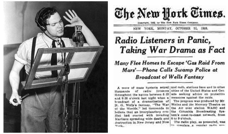 Orson Welles broadcasting his radio show and New York Times headline about the resulting panic