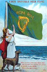 Carton of Erin, the maid of Ireland, unfurling a Home Rule flag. https://historywithhilary.blogspot.com/2016/04/easter-rising.html