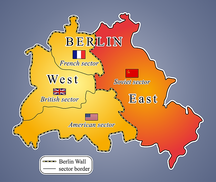 Map showing the four sectors of Allied-occupied Berlin. Source: https://www.worldatlas.com/geography/berlin-wall.html