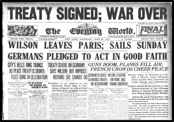 Newspaper declaring the Versailles Treaty was signed.