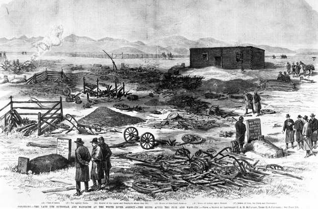 Illustration of soldiers surveying destruction at the White River Ute Agency