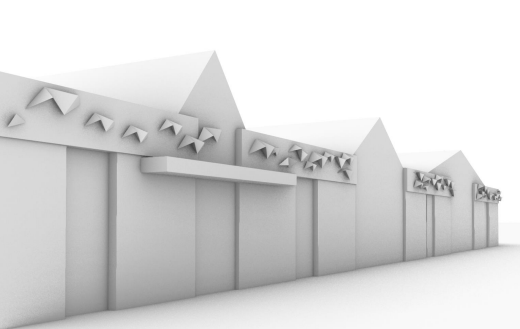 A digital mock up of what the art will look like: a white building with triangular white sculptures running along the top of the building. 