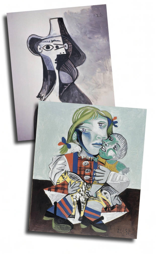 Photo of two paintings released by the Picasso Administration in Paris on Wednesday, Feb. 28, 2007, including a version of "Portrait of Jacqueline" and "Maya and the Doll." "Portrait of Jacqueline" is a black and white painting with abstract shapes and "Maya and the Doll" is a colorful abstract and angular painting of a child with a doll as well as a horse toy