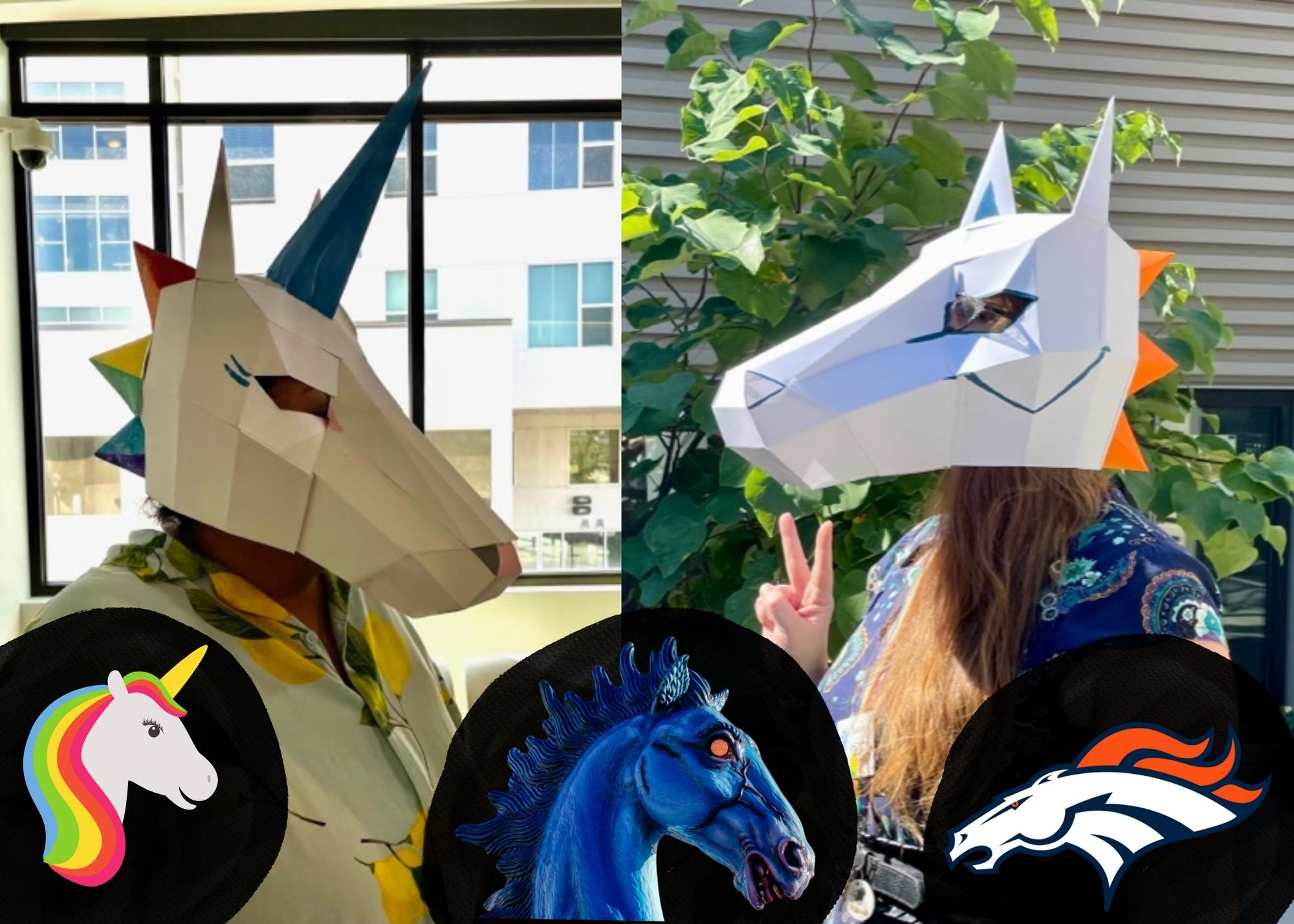 two people wearing paper horse masks, with a cartoon unicorn, bronco logo, and image of blue horse