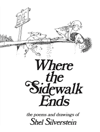 Book cover of Where the Sidewalk Ends showing end of sidewalk with kids peering over and dog falling off.