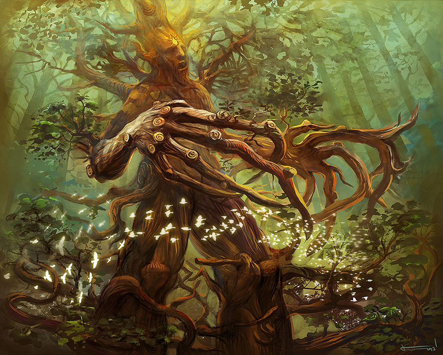 image of a humanoid tree reaching toward the viewer with large clawed hands. 