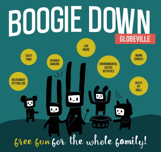 Boogie Down in big letters with bubbles indicating each activity available at the event and an illustration of cute animal-like creature playing instruments. Bottom text reads "Fun for the whole family"