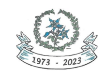 Logo of columbine flower with a banner on the bottom, 1973-2023.