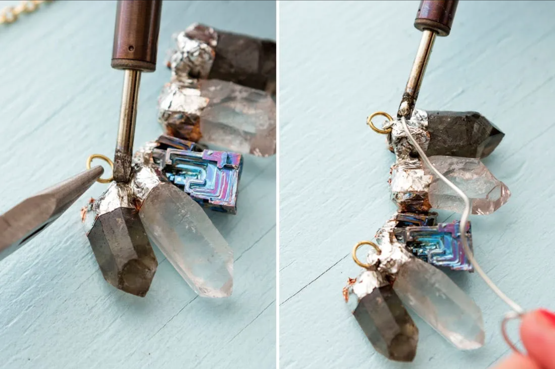 crystal necklace being soldered