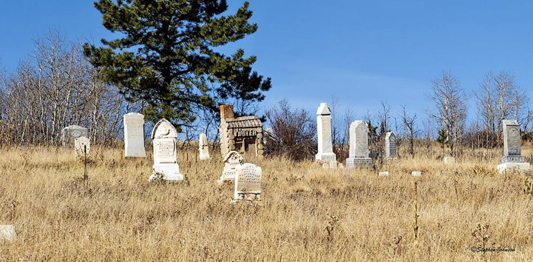 Photograph of a cemetery, with gravestones and a blue sky, with trees in the background. Oddfellows Cemetery, Central City, Colorado, courtesy of Steve Johnson.