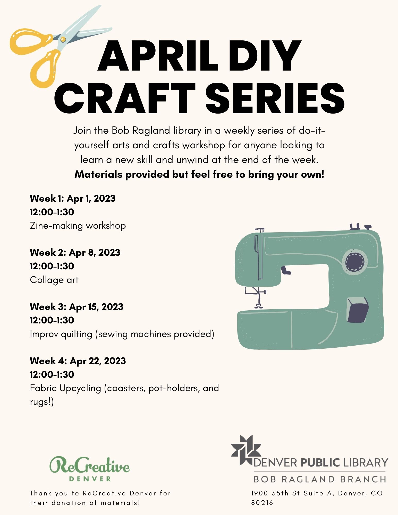 Big bold letters read APRIL DIY CRAFT SERIES. There is a cartoon image of yellow scissors and a green sewing machine on the flyer over a light yellow background.