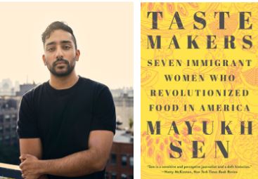 photo of Mayukh Sen next to the cover of his book Taste Makers