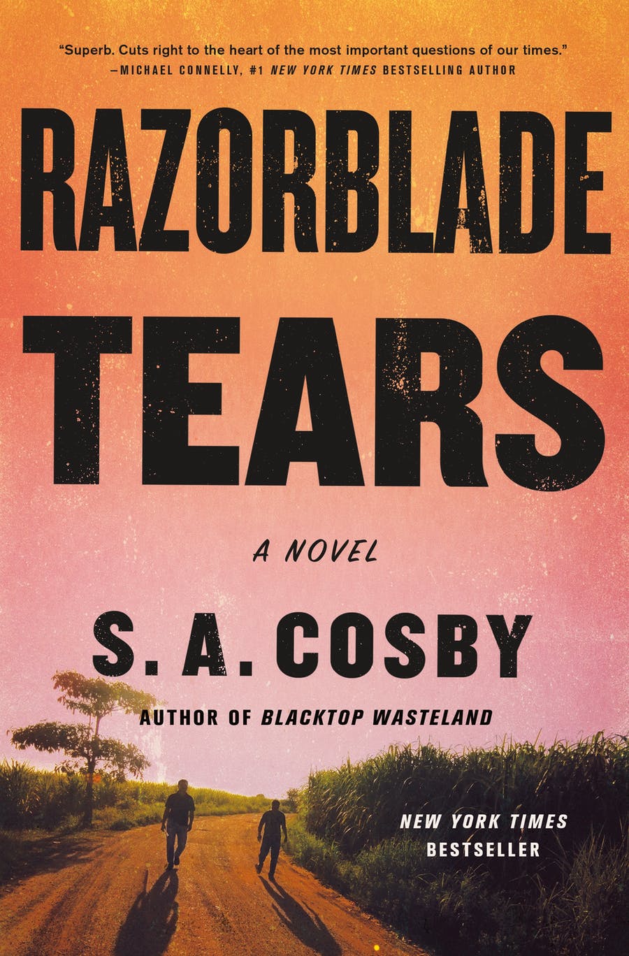 The book cover for 'Razorblade Tears' features a prominent title written in large black font, reading 'Razorblade Tears.' Below the title, in small handwritten letters, are the words 'a novel.' The author's name, S.A. Cosby, is displayed in larger black block text. The background image depicts a scenic view of two people walking down a dirt path at sunset. The sky is a blend of vibrant orange and pink hues. The path is flanked by short shrubs and trees on either side, creating a serene and natural setting.