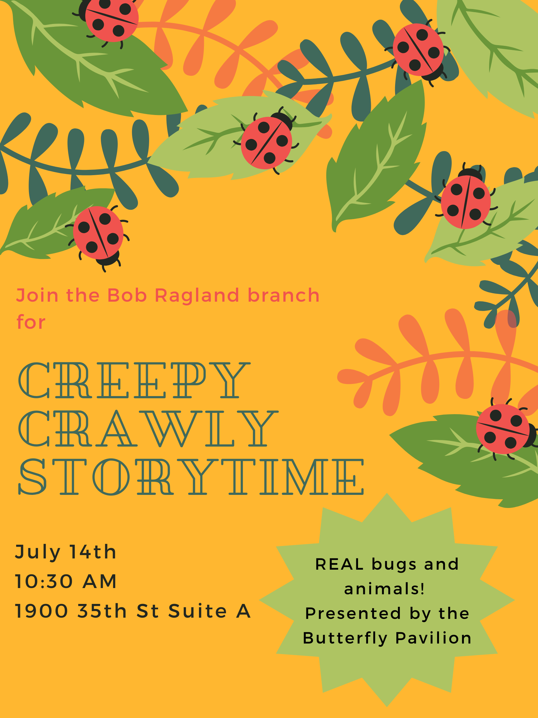 Flyer with illustrated lady bugs and leaves on a mustard yellow background. Text reads the title and time of the event