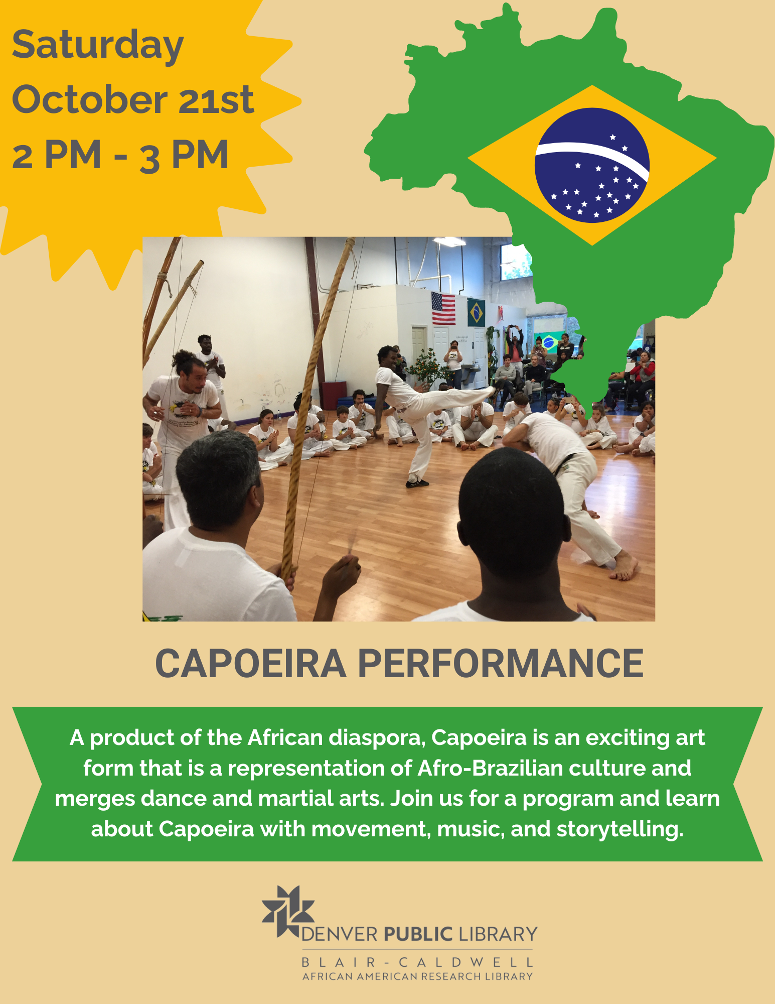 Capoeira circle with performers playing instruments and dancing. Image of Brazilian flag and time and date information. 