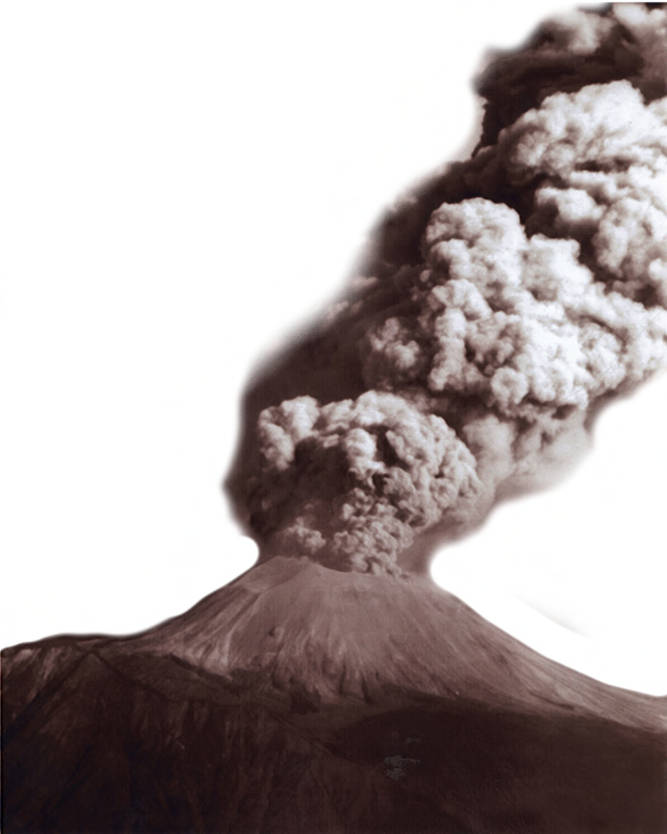 Black and white photo of Mount Vesuvius erupting with a cloud of smoke