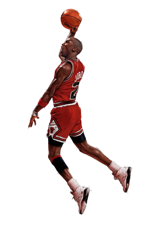 Michael Jordan mid-jump about to dunk the basketball