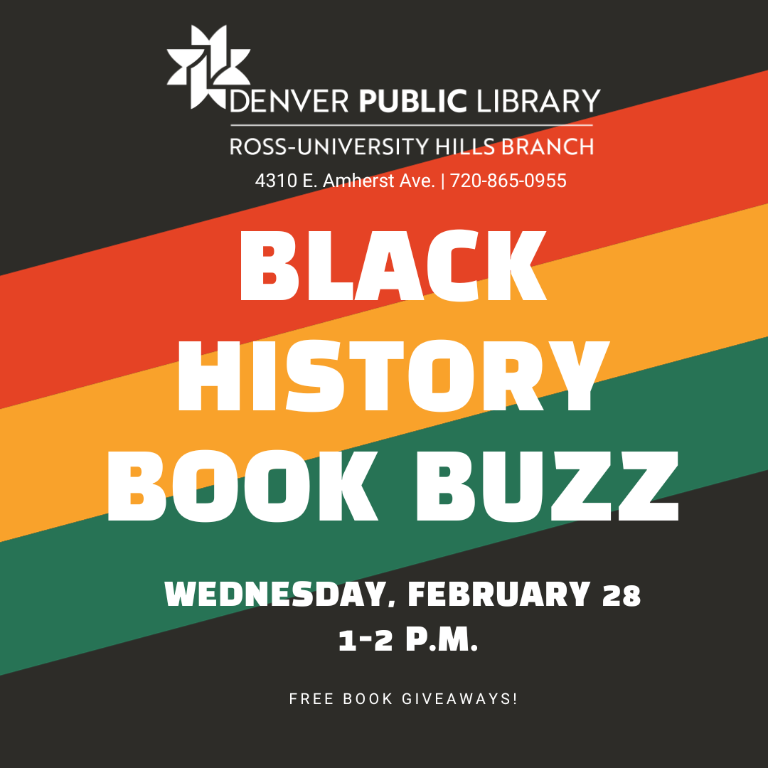 Abstract design of red, yellow, and green diagonal stripes on a black background. The text in white reads: Black History Buzz. Wednesday, February 28, 1-2 p.m. at Ross-University Hills branch library. Free books will be given out!