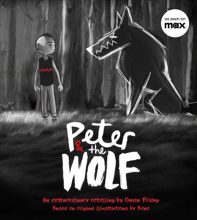 cover of the book peter and the wolf.  Peter is facing a stylized looking wolf in the forest.