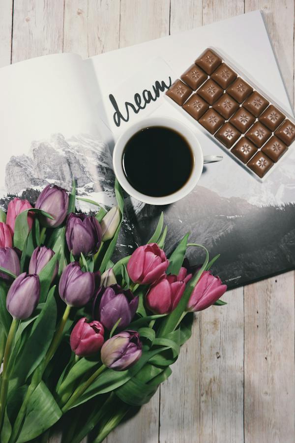 Flowers, Notebook, Coffee and Chocolate