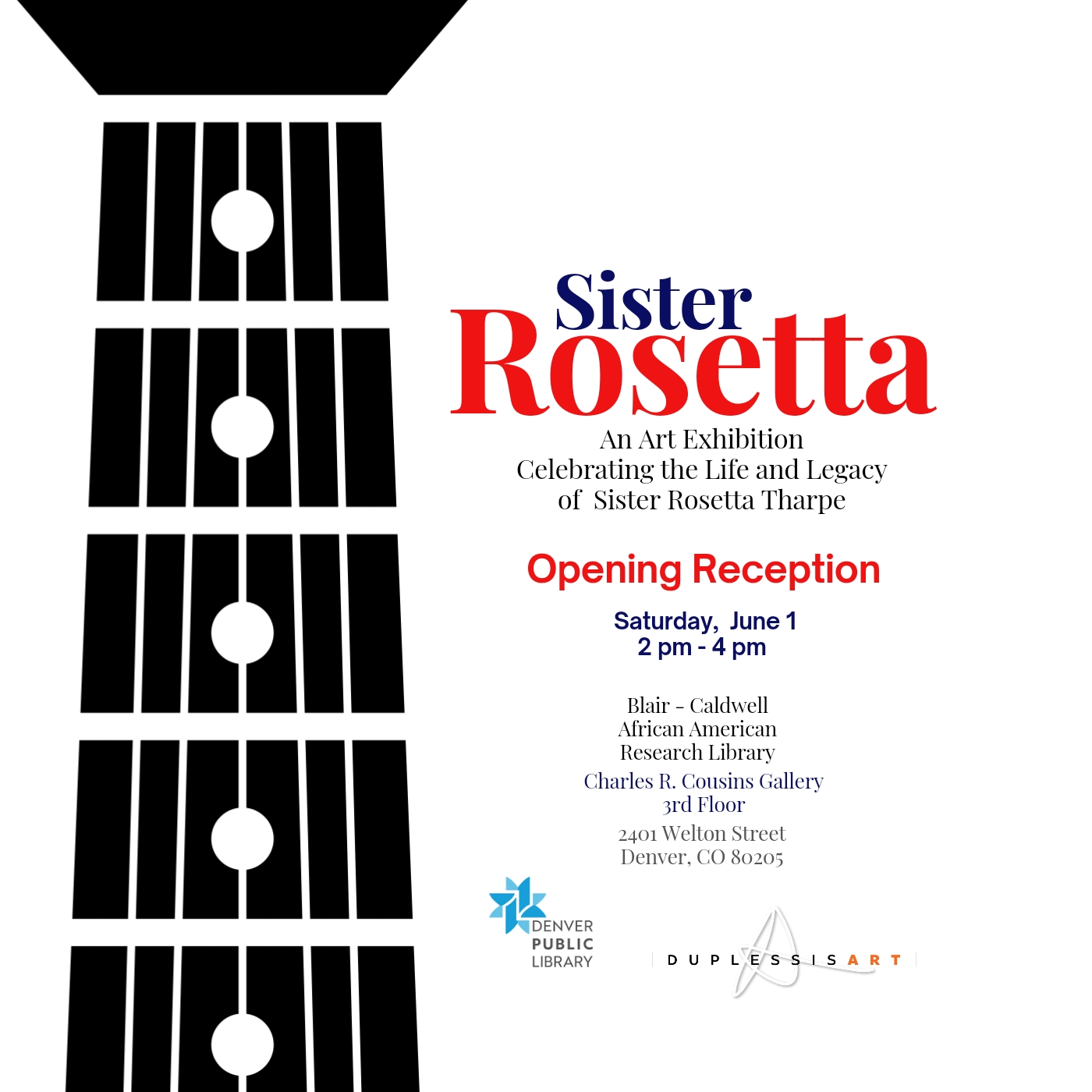 image of a guitar with text announcing art exhibition called "Sister Rosetta"