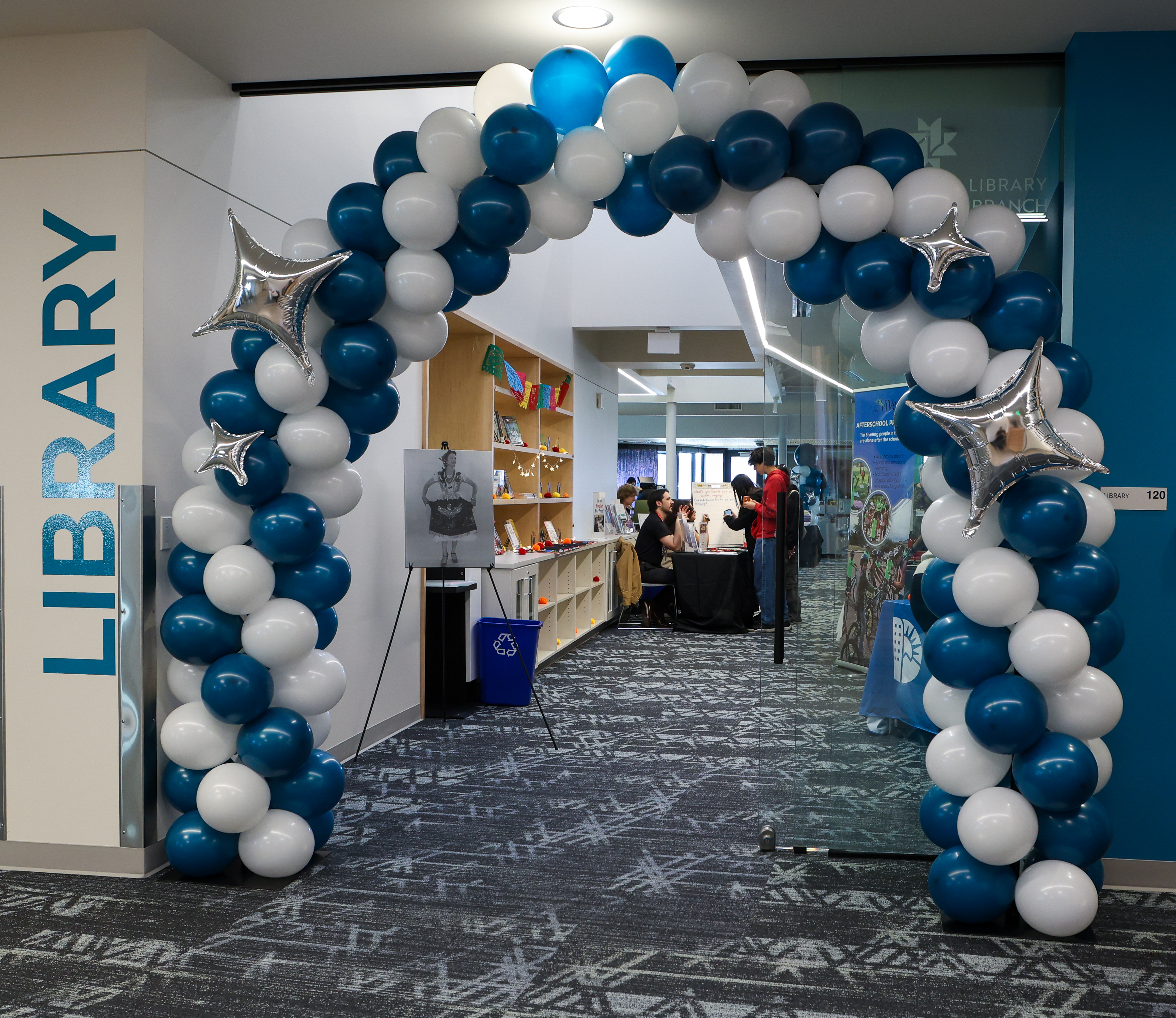 Entrance to the Lena Archuleta Branch Library, decorated by a fun balloon arch.