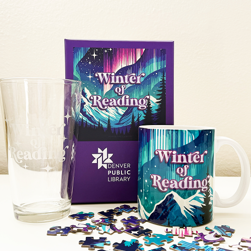Winter of Reading prizes, left to right: Pint glass with Winter of Reading engraved, Puzzle and mug.