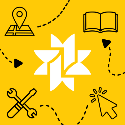 Graphic of DPL book star with icon of a map, book, tools and mouse cursor.