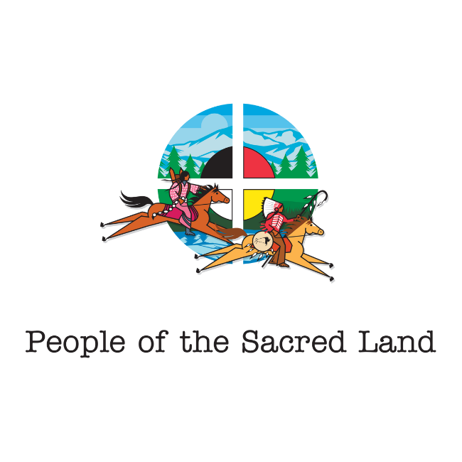 Logo for the organization, People of the Sacred Land featuring American Indians riding horses with a mountain landscape.
