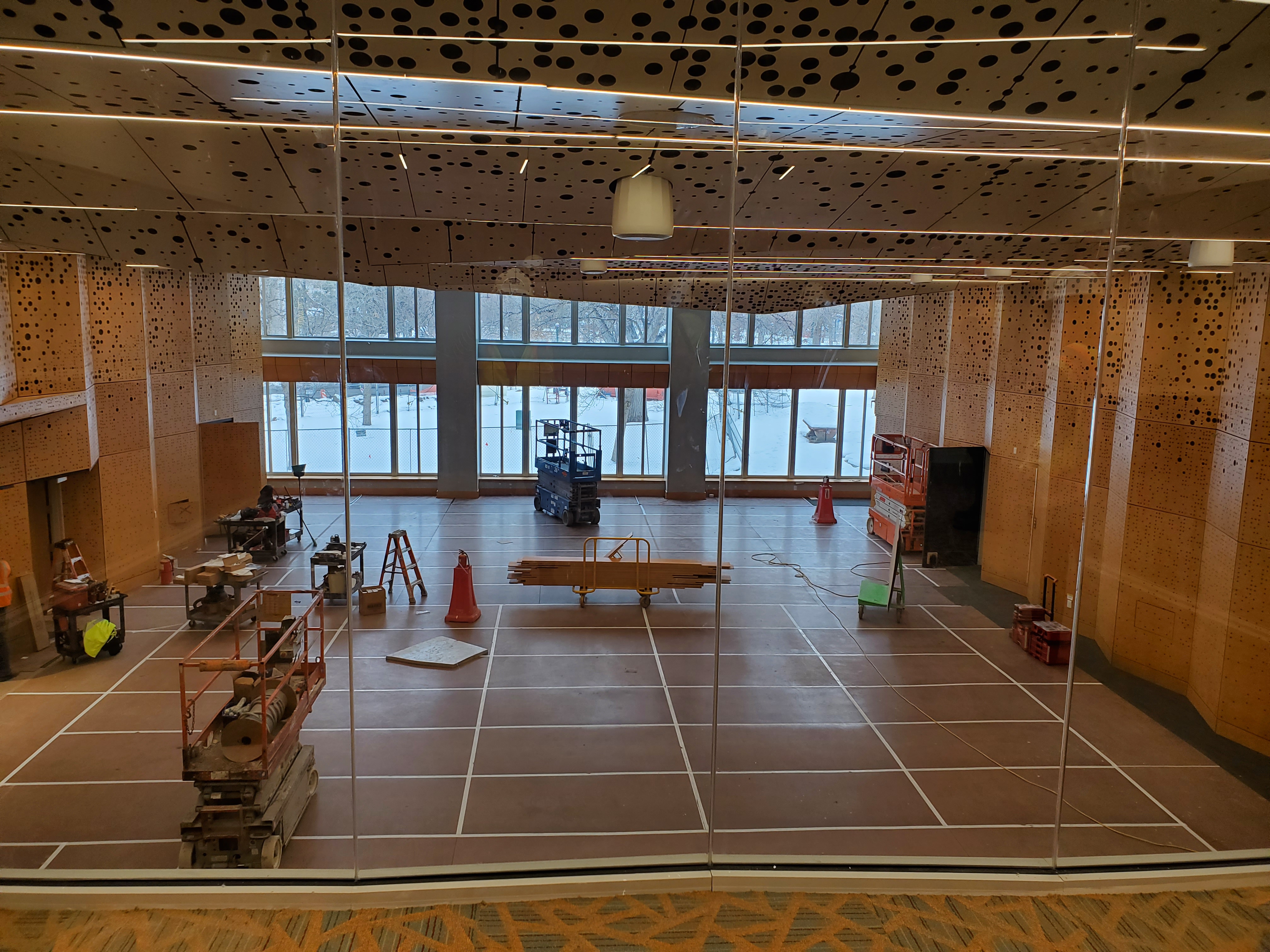 The Park View event space before completion. Pictured are the wooden panels with its unique dot design.