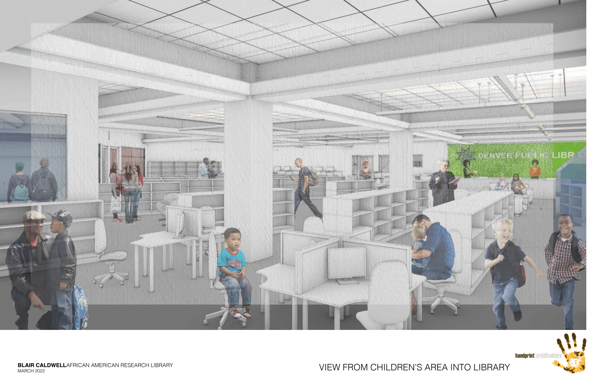 Digital rendering of alternate angle of interior renovations in main library area on first floor.