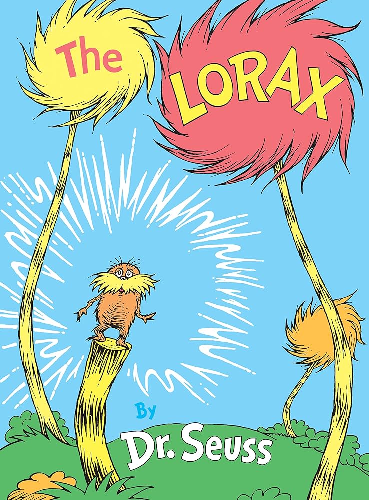 Book cover for "The Lorax" which shows the fictional character on top of cut down trees.