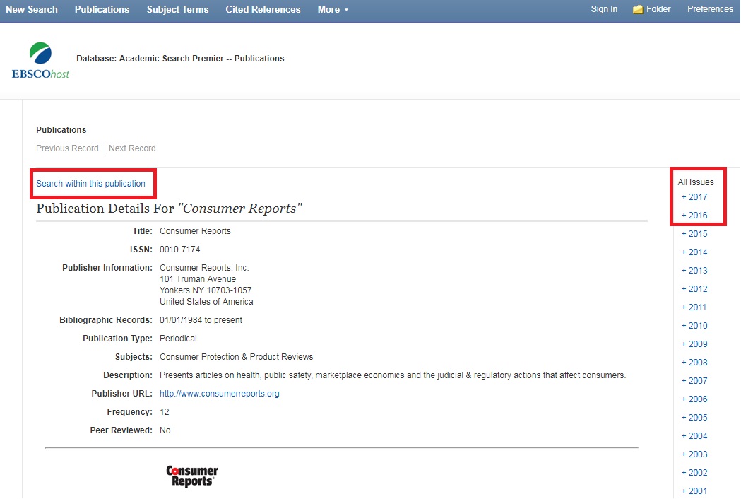 Searching for Consumer Reports in EBSCO
