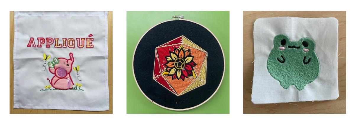3 embroidery machine examples: A pink elephant with the word "applique" above it, an abstract flower design in an embroidery hoop, and a green cartoon frog on white fabric