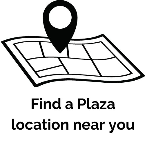Map with a pin icon and text: "Find a Plaza location near you"