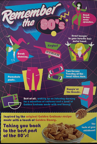 Back of Golden Grahams box reading "Remember the 80s" with items like "parachute pants" and "keytars."