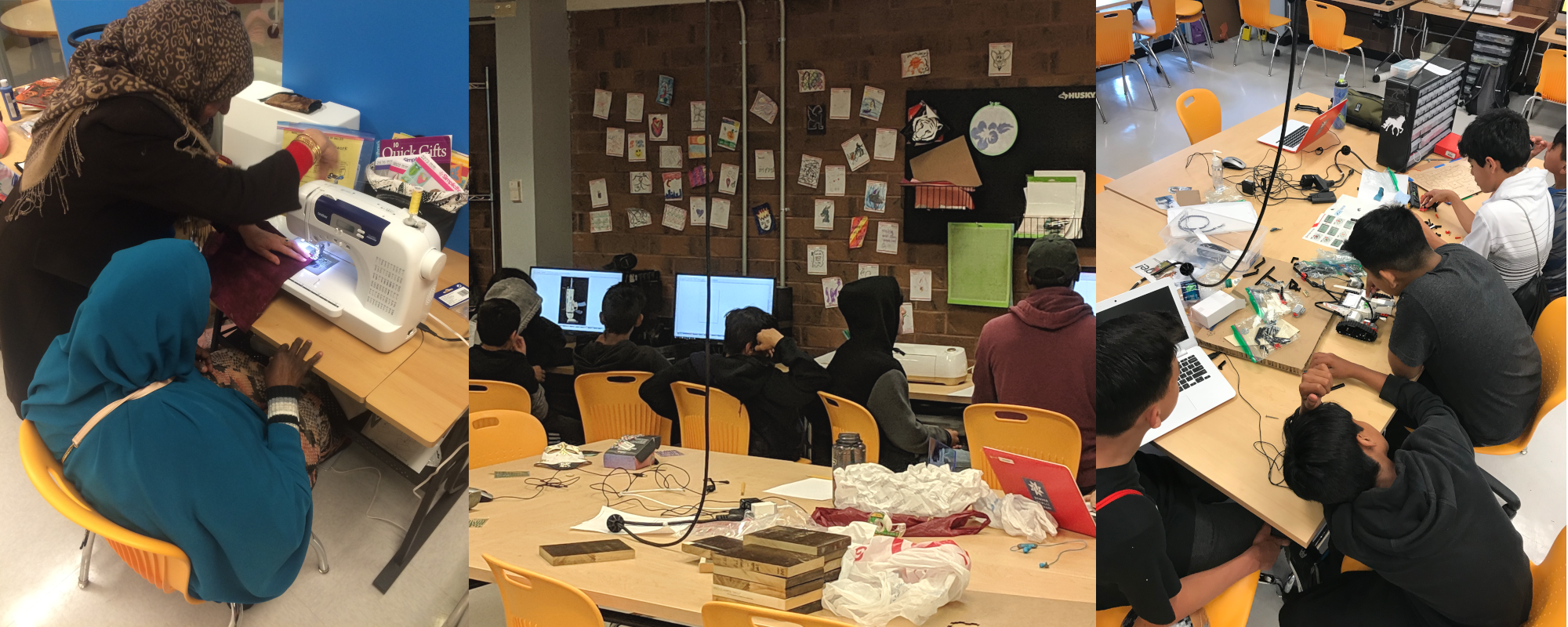 Customers sewing, making robots, and working on computers at the Hampden Branch Library ideaLAB