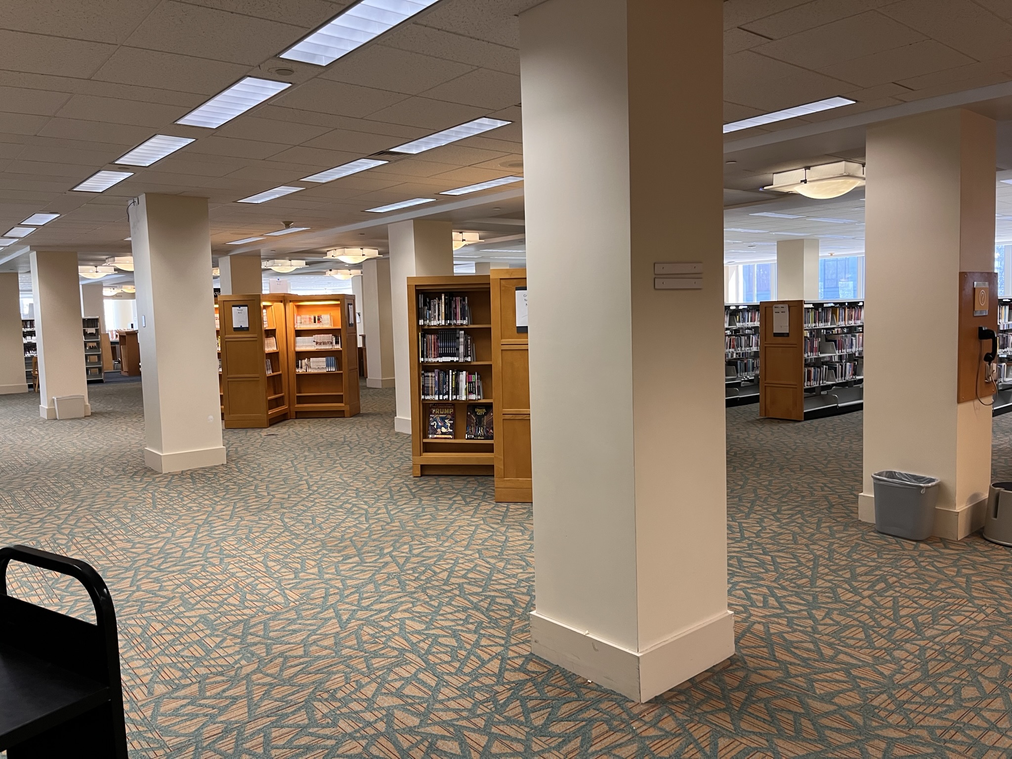 Second floor of the Central Library before renovations for a teen library began. You see book shelves and carpeting.