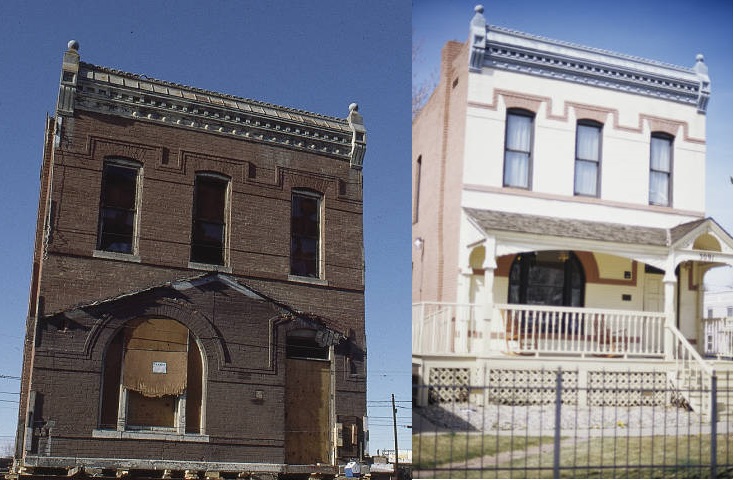 Two stitched photos of Justina Fords home. The left image shows the home vacant. The right image shows the home remodeled in modern time.