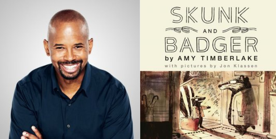 Cover of the audiobook Skunk and Badger next to a photo of the Narrator, Michael Boatman